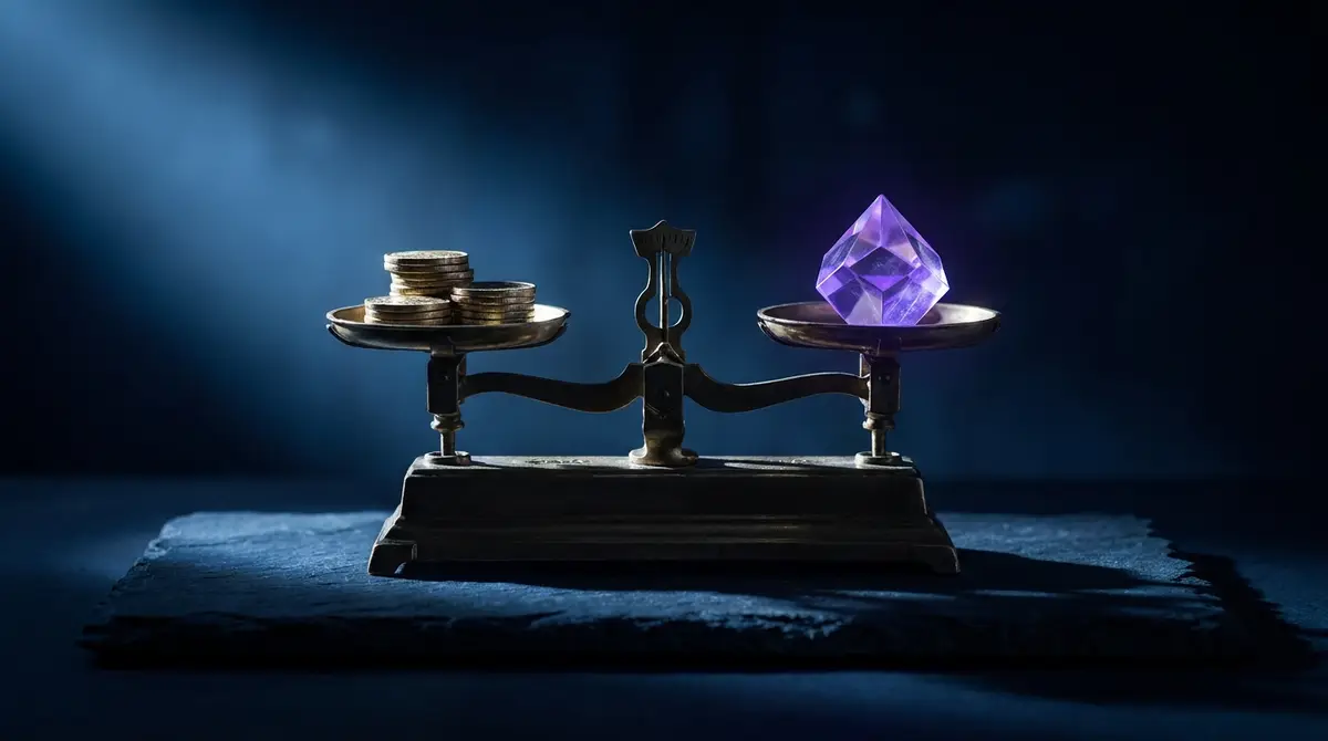 Balance dorée équilibrant pièces et lumière violette sur fond noir, investissement Google Ads et retour sur budget publicitaire