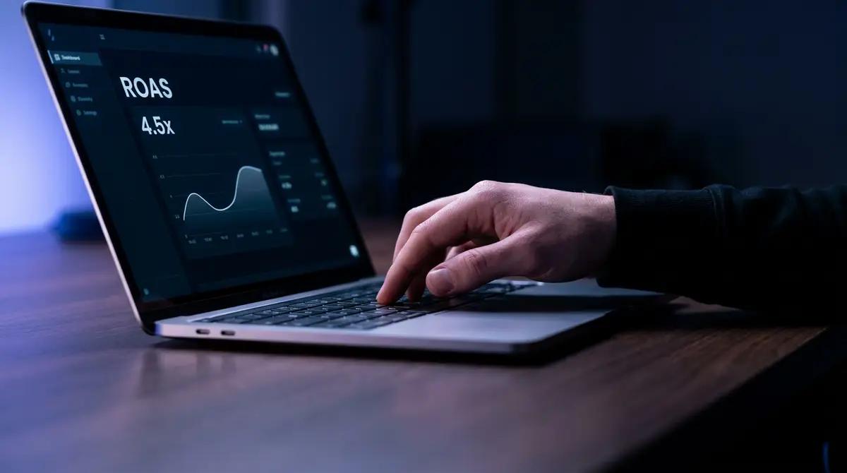Main utilisant une calculatrice mécanique sur bureau sombre avec texte ROAS, calculer son budget Google Ads à partir du CPA cible et du ROAS