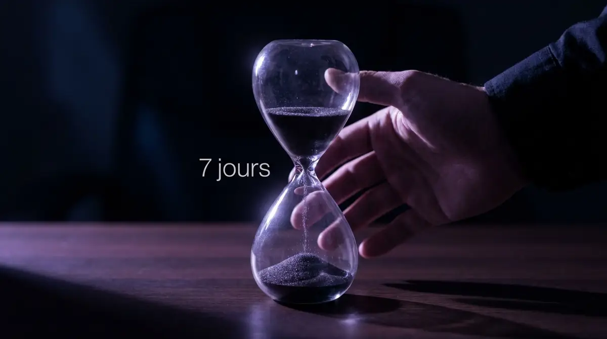 Hand turning over an hourglass on a night-violet background: restarting the Meta Ads learning phase before the required 7 days