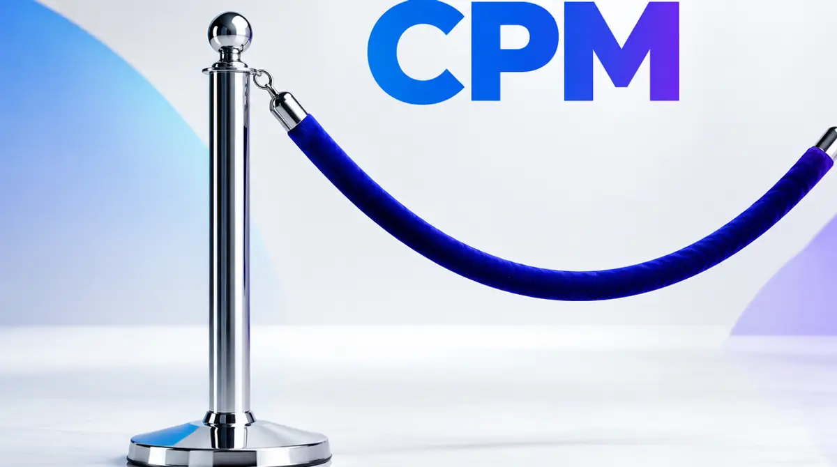 Corde velours fermée sous un spot froid avec texte CPM, le coût d'accès à votre audience sur Meta Ads se paie en CPM