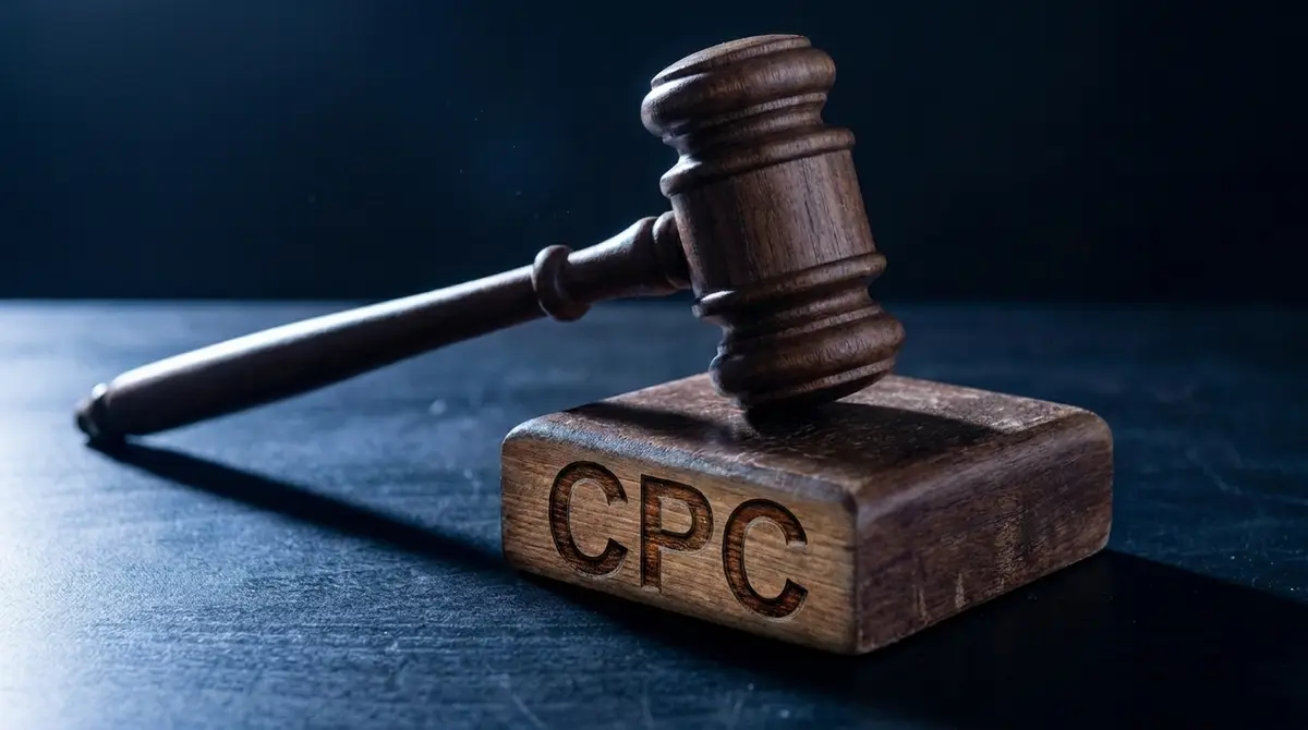 Marteau d'enchères frappant sur fond sombre avec texte CPC, le coût par clic Google Ads varie selon la concurrence dans votre secteur