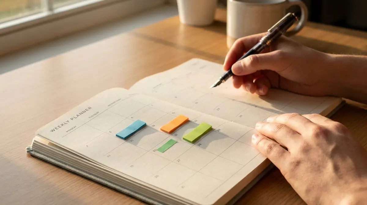 Professional looking at a weekly planner with colourful sticky notes: finding the right optimisation rhythm for Google Ads campaigns