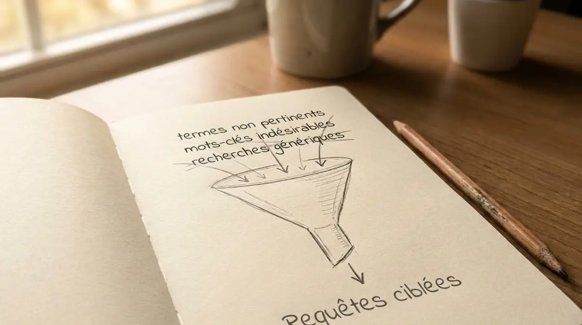 Hand drawing a funnel in an open notebook, crossed-out words: filtering irrelevant searches in Google Ads with negative keywords