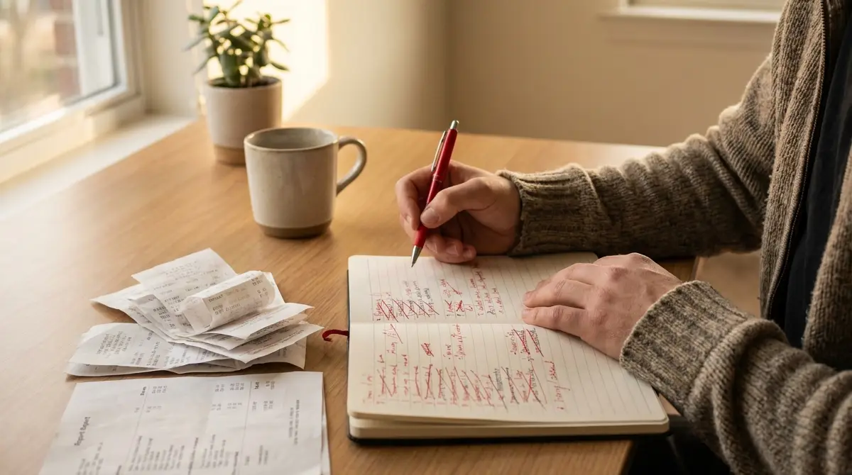 Professional correcting documents with a red pen, crossed-out notes on a desk: identifying the Google Ads mistakes that burn budget
